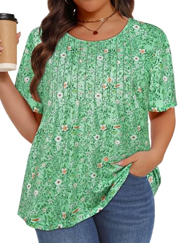 Image of Plus Size Tops for Women Pleated Summer Top Trendy Short Sleeve Shirts Casual Basic Tee Crew Neck Blouses 2026