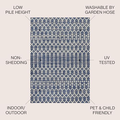 Image of JONATHAN Y Moroccan Geometric Indoor Outdoor Area Rug 8X10 Navy /Beige, Ourika Textured Weave for Backyard, Patio, Porch, Easy-Cleaning, High Traffic, Pet-Friendly, Non-Shedding (SMB108K-8)