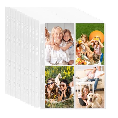 HIQE-FL 60Pcs Transparent Postkartenhüllen,Transparent Postkartenhüllen 4 Fächer,480 Doppelseitig Fotohüllen,Fotohüllen DIN A4 Veloflex,Kleine Klarsichtfolien,Fotohüllen DIN A4（10.7CMX15.2CM）