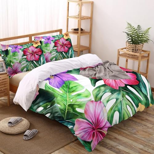Housse de couette blanc vert fleurs d'hibiscus en microfibre haut de gamme