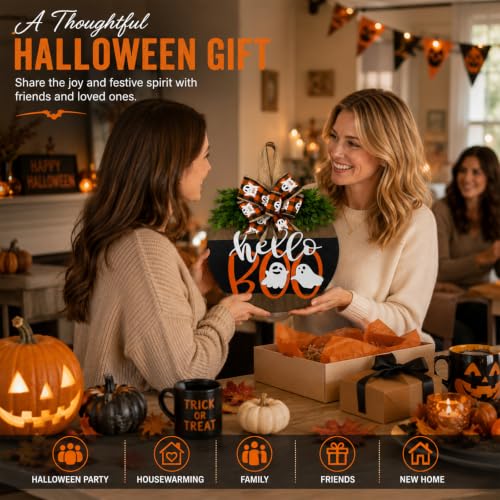 Image of Halloween Wreaths for Front Door Cute Ghost Hanger Sign Decorations Wreath (Hello Boo)