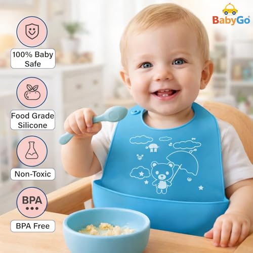Image of BabyGo Silicone Baby Bib for Feeding & Weaning Infants & Toddlers |Waterproof, Washable & Reusable | Adjustable, Lightweight & Foldable Bib with Food Catcher Pocket |Light Blue (Pack of 1)