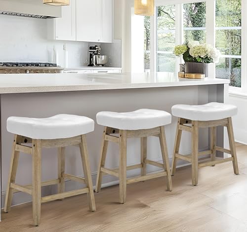 RNKSFX White Bar Stools Set of 3 for Kitchen Counter Island Counter Height Farmhouse Modern Barstools with Faux Leather Upholstered Backless Seat and Solid Wood Legs 24 inch Bar Chairs