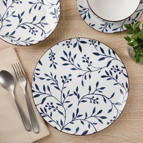 Image of Gibson Home Palace Suite 16-Piece Dinnerware Set, Blue Floral Stoneware Plates & Bowls, Service for 4, Round Durable Everyday Dish Set