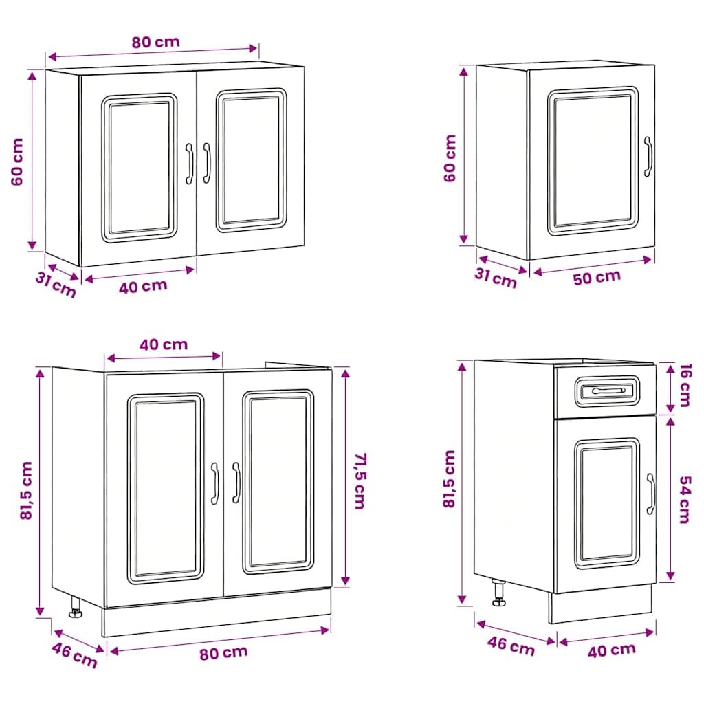 Set di 7 mobili da cucina Kalmar Sonoma, in legno di quercia Sonoma, con armadi alti e inferiori, pensili, vetrina e dispensa per riporre oggetti e organizzare la cucina
