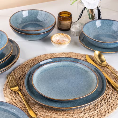 Image of AmorArc Ceramic Dinnerware Sets for 6, 18Pcs Plates and Bowls Sets Dishes | Stoneware Handmade Reactive Glaze Dinner Set, Highly Scratch Resistant | Dishwasher & Microwave Safe Dishware