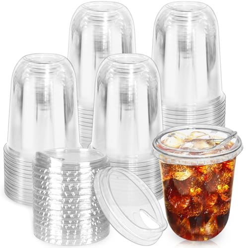 Image of 50 Pack Clear Plastic Cups with Strawless Sip Lids,16 oz Iced Coffee Cup,Disposable PET Crystal Round Bottom To Go Cup for Cold Beverage,Juice,Smoothie,Milkshake,Wedding,Party