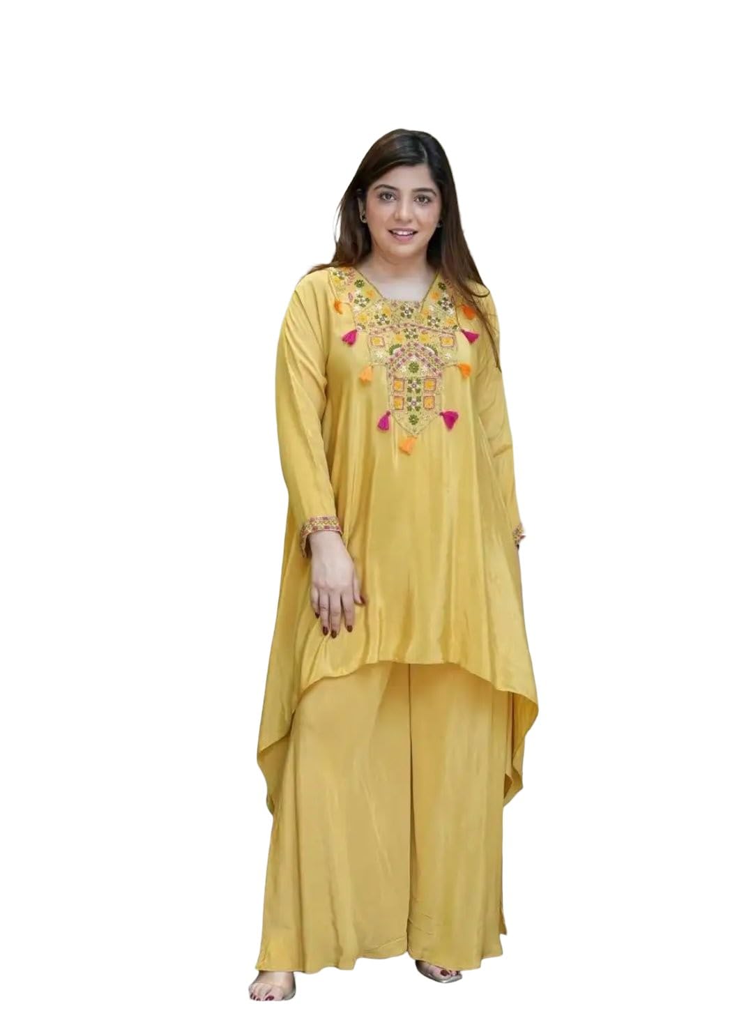 Women Pink Embroidered Kurta with Draped Palazzo Set (IN, Alpha, L, Regular, Pink)