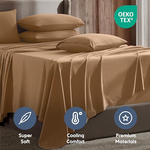 Image of Nestl Extra Deep Cal King Sheet Set - 6 Piece Breathable & Cooling Sheets - Hotel Luxury Bedding Set w /18-24 Inch Deep Pockets - Easy & Secure Fit - Super Soft, Wrinkle Free & Comfy - Mocha Brown