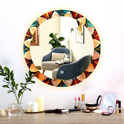 Image of NEVEX Glass Round 24x24 Inch Decorative Art Unique UV Printed Smart LED Mirror with 3 Color Lights (Warm White, Cool White & Natural White) | Fancy Wash Basin Wall Mirror for Modern Home Decor