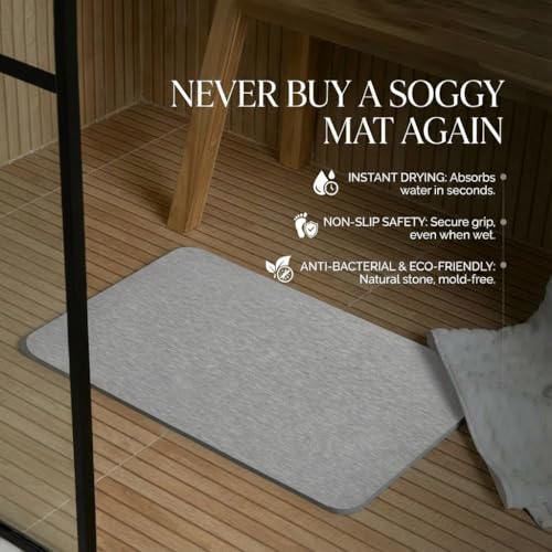 Image of Stone Bath Mat | Diatomaceous Earth Non-Slip Quick Drying Bathroom Floor Mat | Super Absorbent Bathtub & Shower Mat | Odor Free, Safe & Clean for Bathroom & Kitchen (Light cream, 29.5 x 39.5 cm)