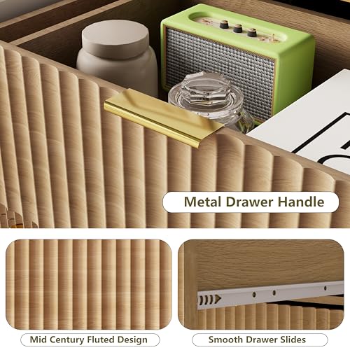 Image of HUANLEGO 48 inch W Tall Fluted Dresser for Bedroom with 8 Drawer, Oak | Mid Century Modern Dresser for Closet, Anti-Tipping Design, Wooden Dressers & Chest of Drawers for Living Room, Home Office