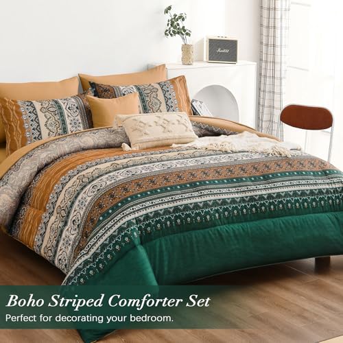 Image of Cottolester Boho Comforter Set Full Size,8 Pieces Brown and Green Bohemian Striped Bed in a Bag,Paisley Soft Microfiber Bedding Comforter Set