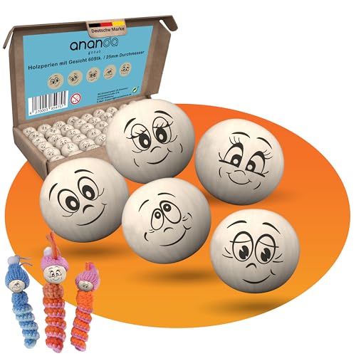 Ananda Goods 60 Holzperlen mit Gesicht &ndash; 25mm Holzkugeln in 5 s&uuml;&szlig;en Designs &ndash; Perfekt f&uuml;r Sorgenw&uuml;rmchen, Gl&uuml;cksw&uuml;rmchen, DIY Schl&uuml;sselanh&auml;nger, Kinderbasteln, Dekoration & Geschenkideen