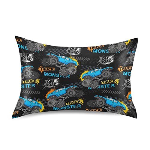 Monster Truck Tires Pillow Covers Silk Pillowcase for Hair and Skin Soft Breathable Smooth Cooling Satin Pillowcase Standard Size Pillow Case for Sleeping Women Boys Girls Room (20×26 Inch)