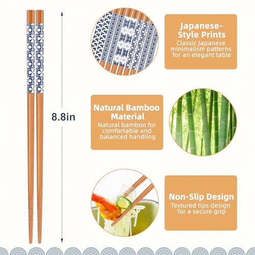 Image of Antner 5 Pairs Natural Bamboo Chopsticks Reusable Classic Japanese Style Chop Sticks Gift Sets, Dishwasher Safe, 8.8 Inch /22.5cm