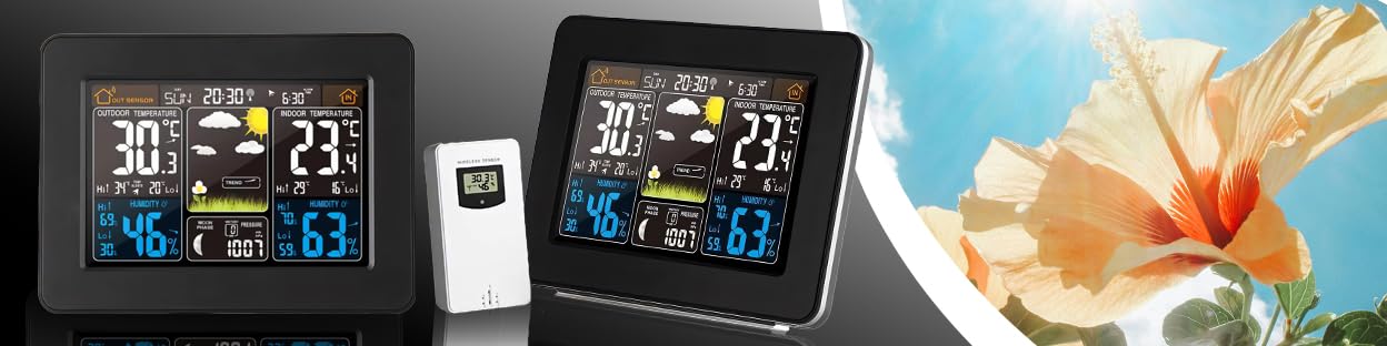 Retoo Stazione meteorologica multifunzione con sensore esterno e display digitale a colori, stazione meteo radio con previsioni meteo, igrometro barometro, fase lunare e portata di 60 m (nero)