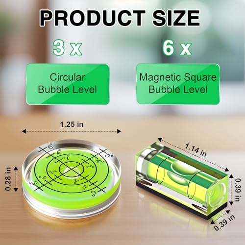 Dreyoo 9 Pcs Small Bubble Spirit Level, Mini Magnetic Square Drill Bubble Levels, Circular Spirit Measuring Tool for Leveling Phonograph, Camera, Turntable, Tripod, Frame, Drill, 10x10x29mm, 32x7mm - Thumbnail 2