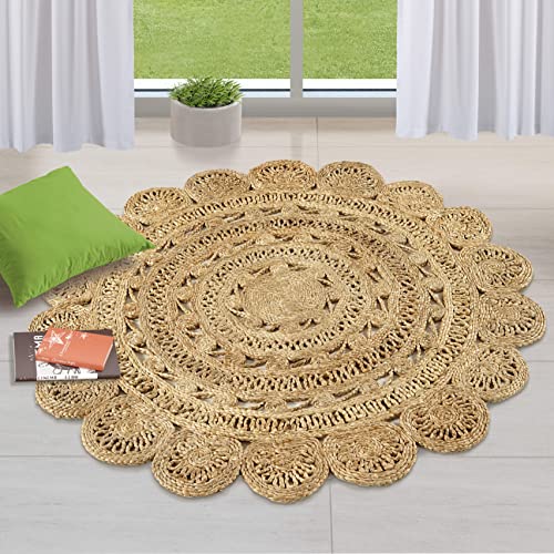GRUHUM Handwoven 4ft Jute Area Rug-Natural Fiber Round Handmade Boho