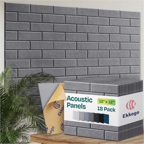 Image of Acoustic Wall Panels 18-Pack, 12 inchx12 inchx0.4 inch Decorative Self-Adhesive Sound Proofing | High Density 3D Brick Soundproof Absorbing Tiles for Walls, Home, Office & Studio - Pebble Gray