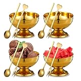 Simaixing 4Pcs Stainless Steel Ice Cream Bowls with 4 Spoons, 5 Oz Dessert Dishes Ice Cream Cups, Metal Dessert Cups Parfait Glasses, Gold Trifle Bowl with Pedestal for Sundae Salad Snack (4Pcs)