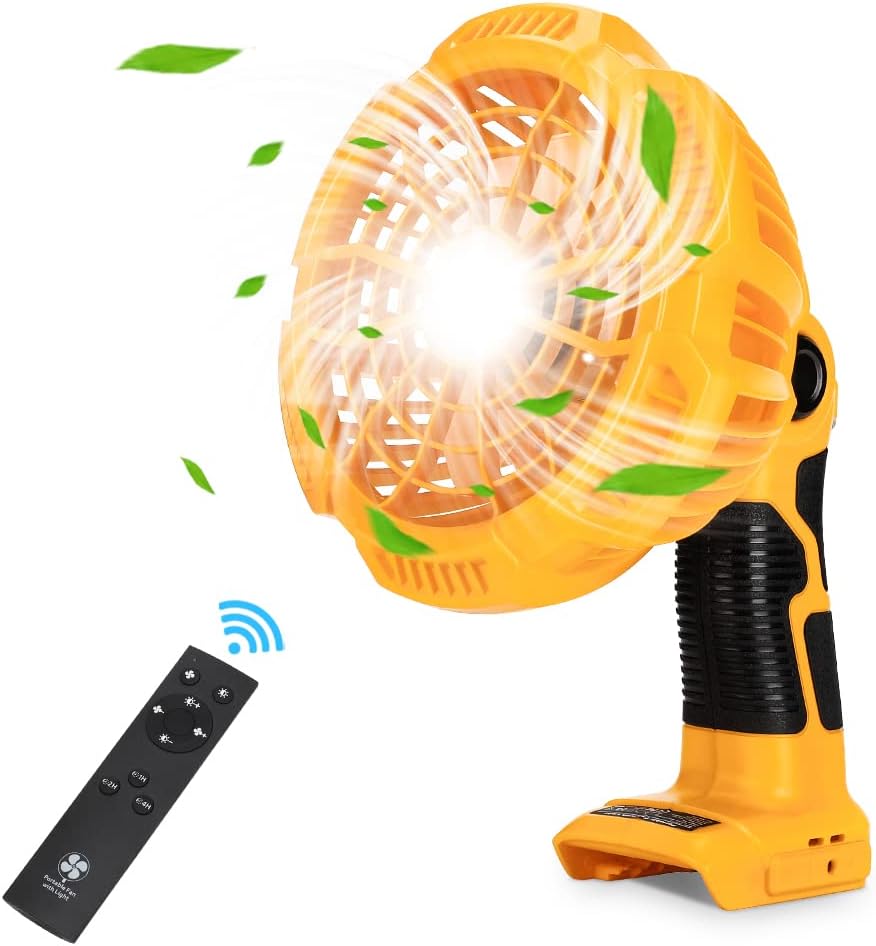 Portable Fan for Dewalt 20v Battery, Handheld Fans with 300LM LED Lamp, Remote, 4H Timing Function, Rechargeable USB Personal Desk Camping Fan for Work, Traveling