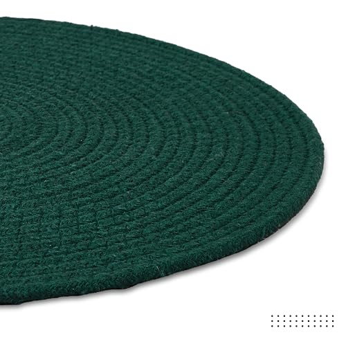 Image of Dining Table Mats Set of 4 | Cotton Table Mat 32 cm Diameter, Encasa XO Washable Round Table Mats, Heat Resistance Dining Table Placemats, Handmade Ribbed Style for Centre Table, Dark Green