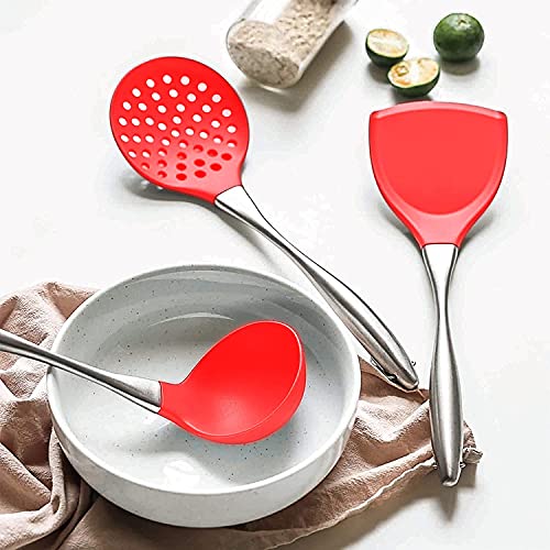 Image of Kitchen Heat Resistant Silicone Spatula Set (Pack of 2) Multipurpose Solid and Ladle Spatulas - Nylon Utensils with Nonstick, 304(18 /10) Stainless Steel Durable Handle (Red)