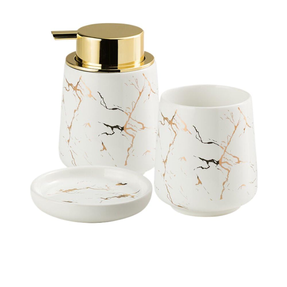 NZPOST Juego de 3 Piezas de Accesorios de baño de mármol y cerámica, Botella de jabón de Manos, Taza para Cepillo de Dientes, jabonera, dispensador de jabón, Juego de baño