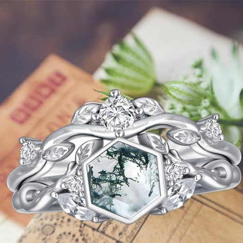 925 Sterling Silver Hexagonal Natural Moss Agate Engagement Ring for Women CZ Stackable Promise Rings Jewelry Set4