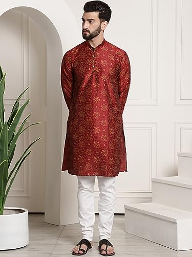 Image of SOJANYA (Since 1958 Men's Silk Blend Printed Kurta and Churidar Pyjama Set