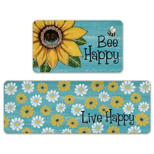 Tailus Spring Summer Flower Bee Happy Kitchen Rugs Set of 2, Live Happy Sunflower Floral Blue Kitchen Mats Decor, Seasonal Floor Door Mat Home Decorations -17x29 and 17x47 Inch