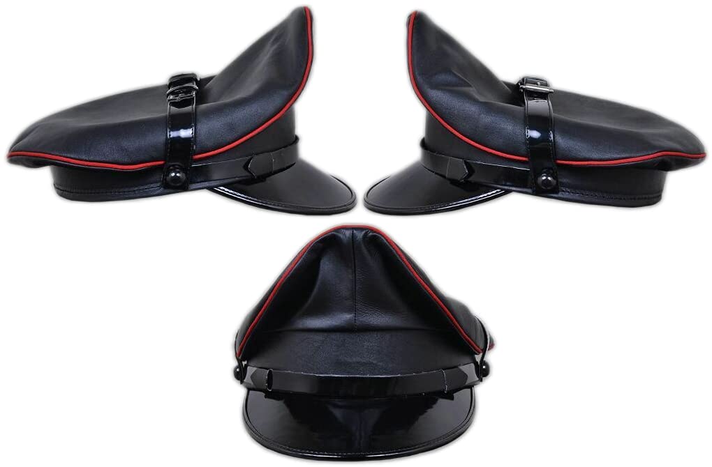 Kn Unisex Black Genuine Leather Red Trim Army Muir Biker Peak Bluf Police Gay Military Cap (X-Large)