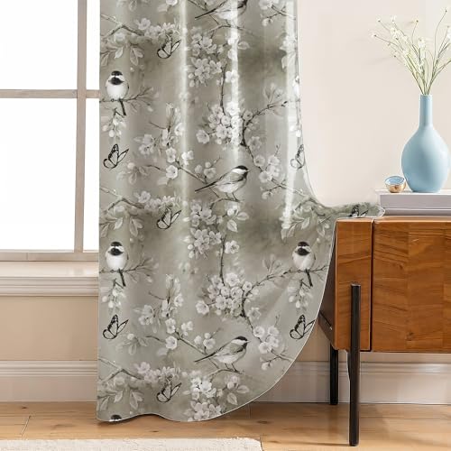 Image of LINENWALAS Printed Blackout Curtains for 8 Feet Door | Set of 2 | Charming Bird & Floral Drapes | Thermal Insulated, Room Darkening Panels with Grommet Hanging for Living Room (Taupe Blossom)