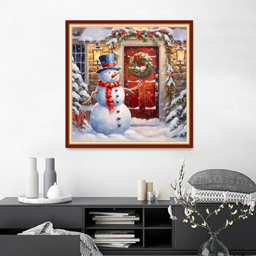 Image of Joyhoor Cross Stitch Kit for Beginners, Pre-Printed Christmas Snowman Design, 18x18 Inch, Unisex, All Ages, Non-Foldable