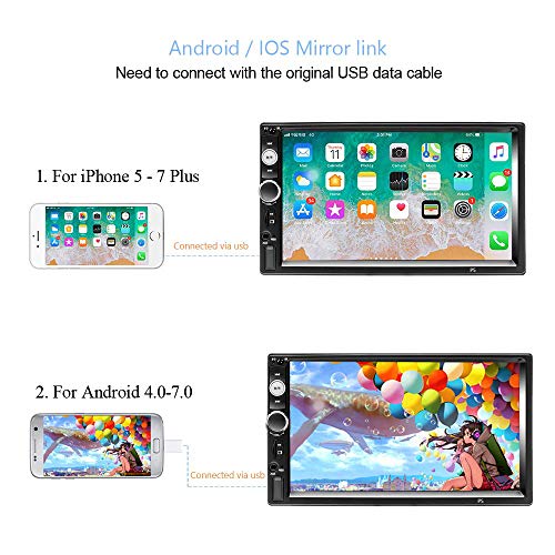 Bluetooth Car Stereo 2 Din 7'' Touch Screen Car Radio FM Receiver Mirror Link for iOS/Android Phone with Dual USB/AUX-in/SD Support Backup Camera Input + Steering Wheel Remote Control