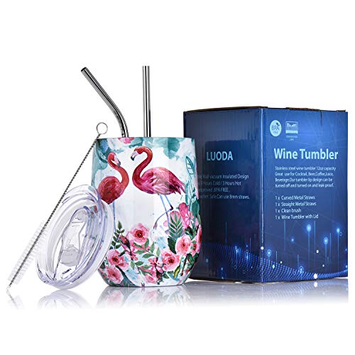 Luoda 12 Oz Stainless Steel Stemless Wine Glass Tumbler With Lid And Straw Vacuum Insulated Double Wall Travel Tumbler Cup For Coffee, Wine, Cocktails, Champagne Ice Cream（Cute Flamingo） #TOP25