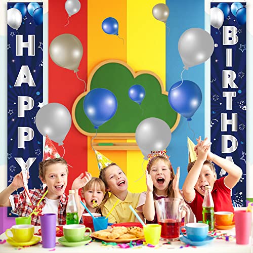Image of Blue Silver Birthday Decorations Banner, Happy Birthday Door Sign, Polyester, 72 x 12 Inch, for Men Women Boys Girls, Reusable, Ideal Party Supplies