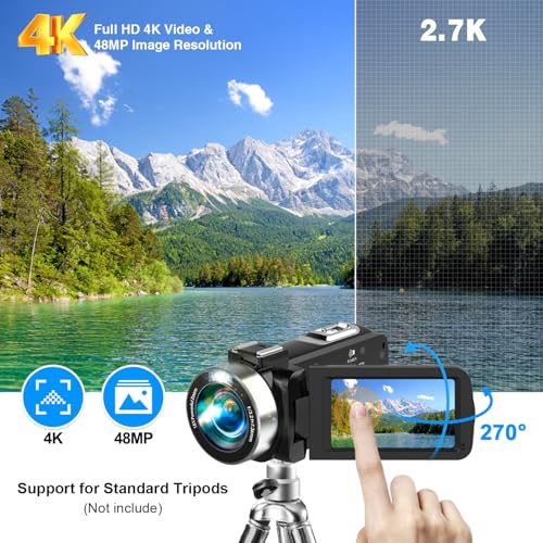 Image of Camcorder Video Camera 4K UHD 48MP IR Night Vision Vlogging Camera for YouTube,18X Digital Zoom Camcorder Recorder 3 inch IPS Touchscreen with 32GB SD Card, Remote, 2 Batteries