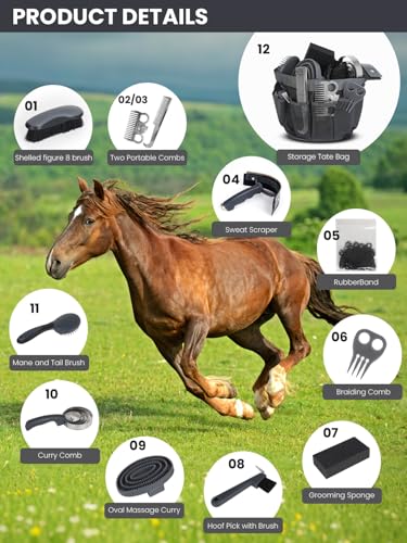 Horse Grooming Kit 12 Pieces Set – Complete Horse Brushes & Care Supplies Set with Organizer Tote Bag, Equine Coat Grooming Tools, Tack Room Equipment & Gifts for Horse Owners & Lovers - Image 3