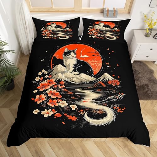 jejeloiu Kawaii Cat Duvet Cover Toddler Size Kids Cat Lover's Gift Comforter Cover for Boys Girls Teens Japanese Style Bedding Set Breathable Soft Lightweight Microfiber Kitten Room Decor