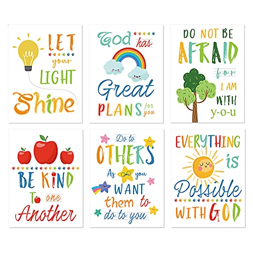 HLNIUC Rainbow Art Print,Kids Colorful Inspirational Quote Canvas Posters Set of 6(12”X16”, Unframed),Be Kind Bible Verse Wall Art for Children’ s Classroom,Sunday School,Playroom Decor