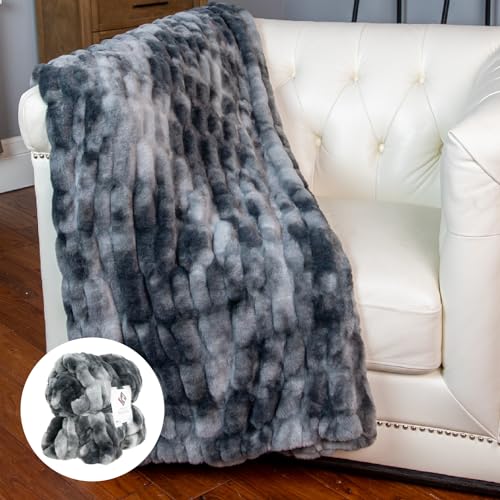 Outrageously Soft - Minky Luxe Faux Fur Throw Blanket - Ultra Plush Minky – Heavyweight Fabric – Elastic Stitched to Wrap Around You Like a Hug - Oversized 50 x 70 Inches – Gray