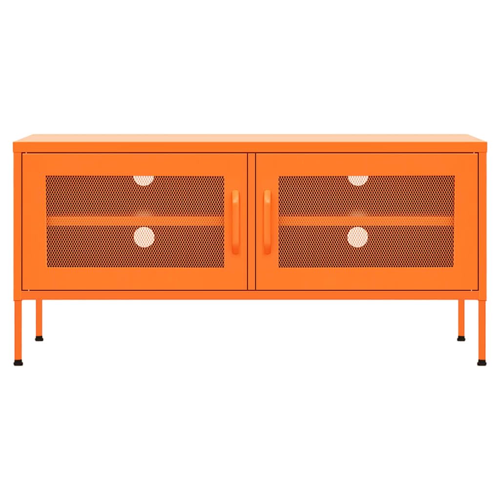Mobile TV arancione in acciaio, 105 x 35 x 50 cm, con 2 ante a griglia, scaffale e gestione dei cavi, portata 100 kg, moderno mobile basso per soggiorno, home theater, gaming, salvaspazio e