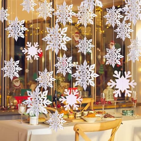 Aofentop 3D Hanging Snowflakes Christmas White Paper Snowflake Garland Large Snowflake Decorations with Snowflake Banner for Christmas Party Decoration Winter Wonderland New Year Party Home Decor Cover
