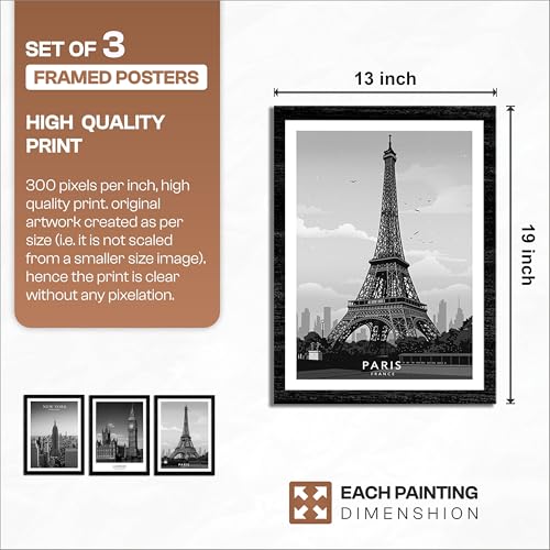 Image of NoWorries Black & White City Wall Art Framed Painting Set of 3 | New York London Paris Skyline Prints with Frame | Modern Minimalist Travel Poster Wall Decor Frames for Living Room, Bedroom and Office | Ready to Hang (Art-2, 13x19inch, Wooden)