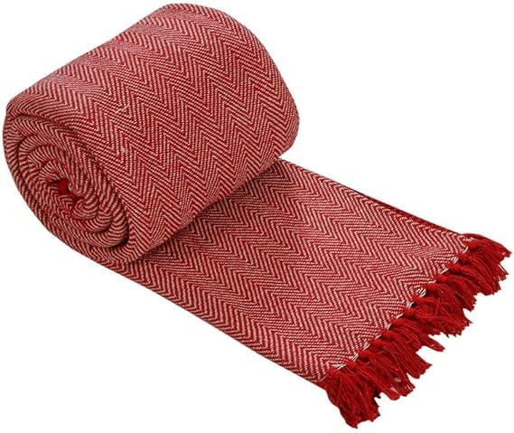 Artistic Fashionista Limited 100% Cotton HERRINGBONE Fringed Super Soft Woven Three-Seater Sofa Bed Throw Blanket Bedspread Settee Cover 90” x 100” (225cm x 254cm) (Red)