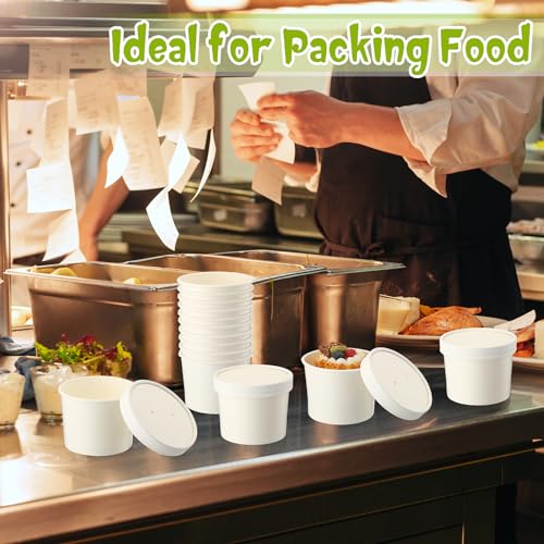 Image of Fulmoon 12 oz 100 Pack Paper Containers with Lids Soup Bowl Cup, White | Disposable Ice Cream Cup, Kraft Food Containers with Vented Lid Stackable for Hot Soup Dessert Cake Fruit Microwave Takeout