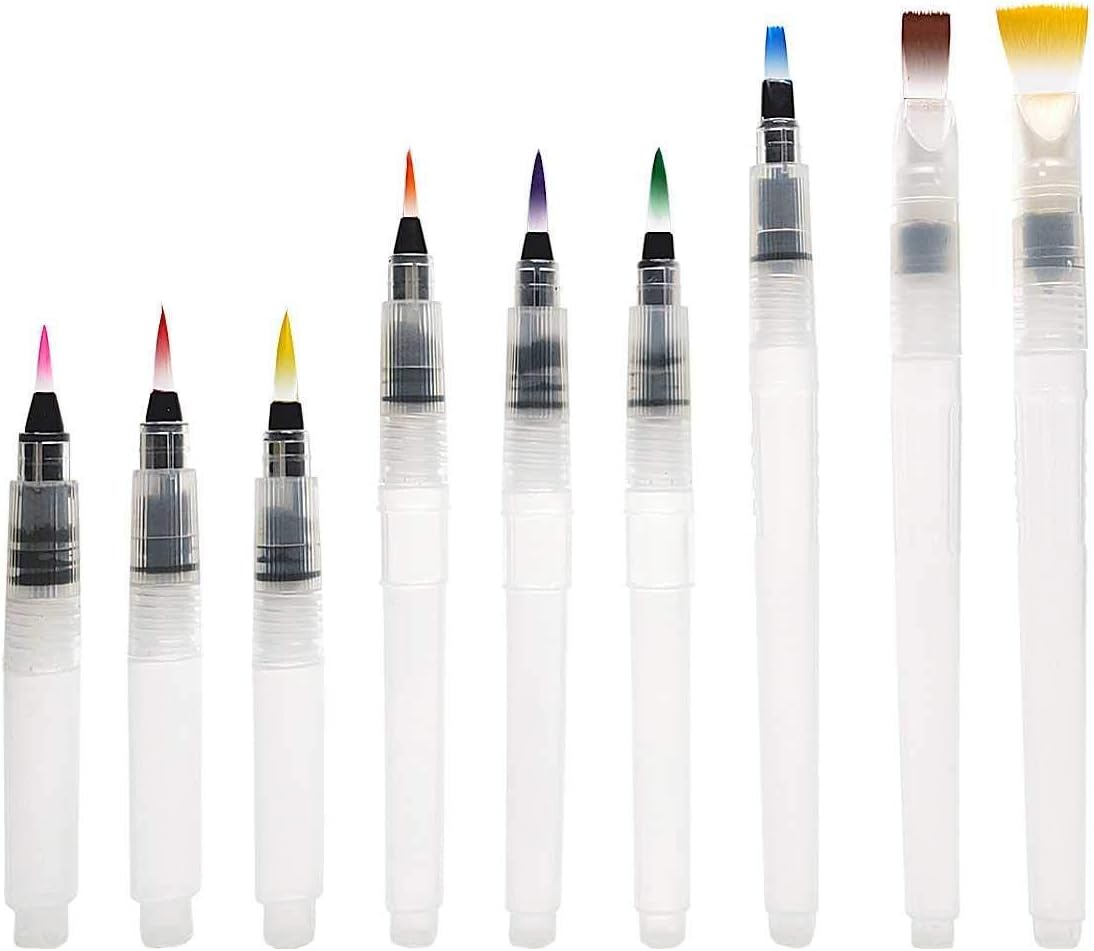 Watercolor Brush Pens Set - Easy to Use and Fill, 9 Piece Set of Water Soluble Colored Pens for Beginners, Gift Ideas