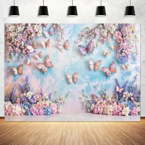 Fondo Fotográfico de Mariposa Morada con Flores 5x3 ft miniatura 1